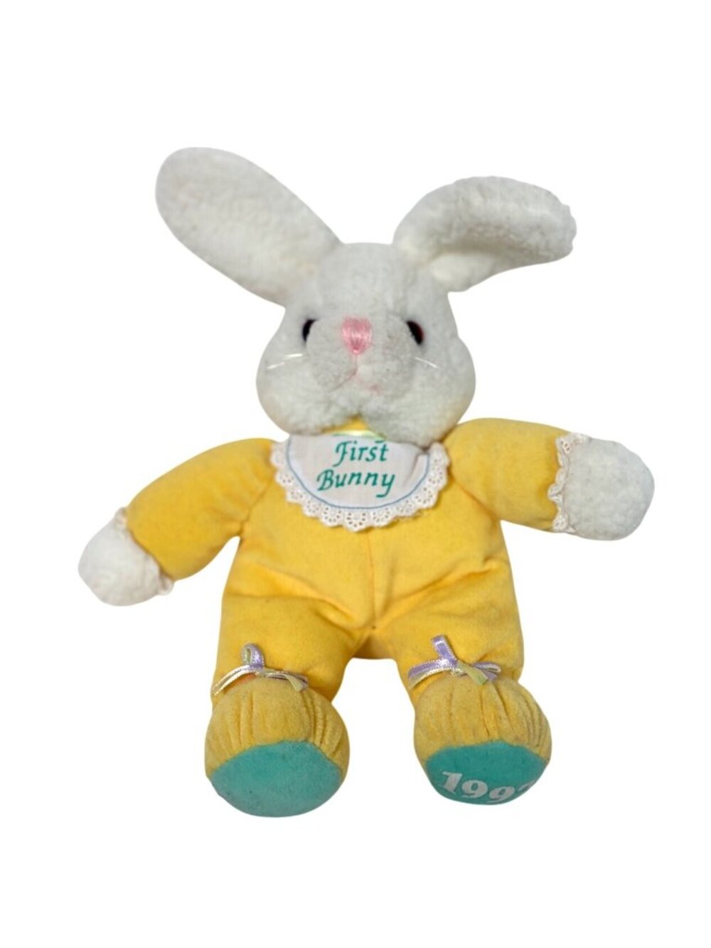 Plush Creation 1997 First Bunny Rabbit Plush Stuffed Animal Doll Yellow Pjs Vint